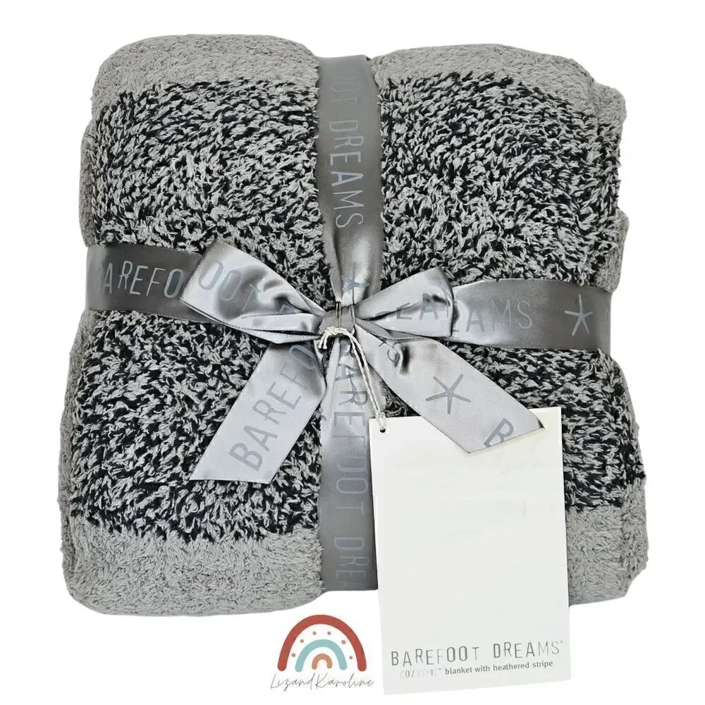 New! Barefoot Dreams CozyChic Blanket Heather Stripe Warm Grey Carbon Throw